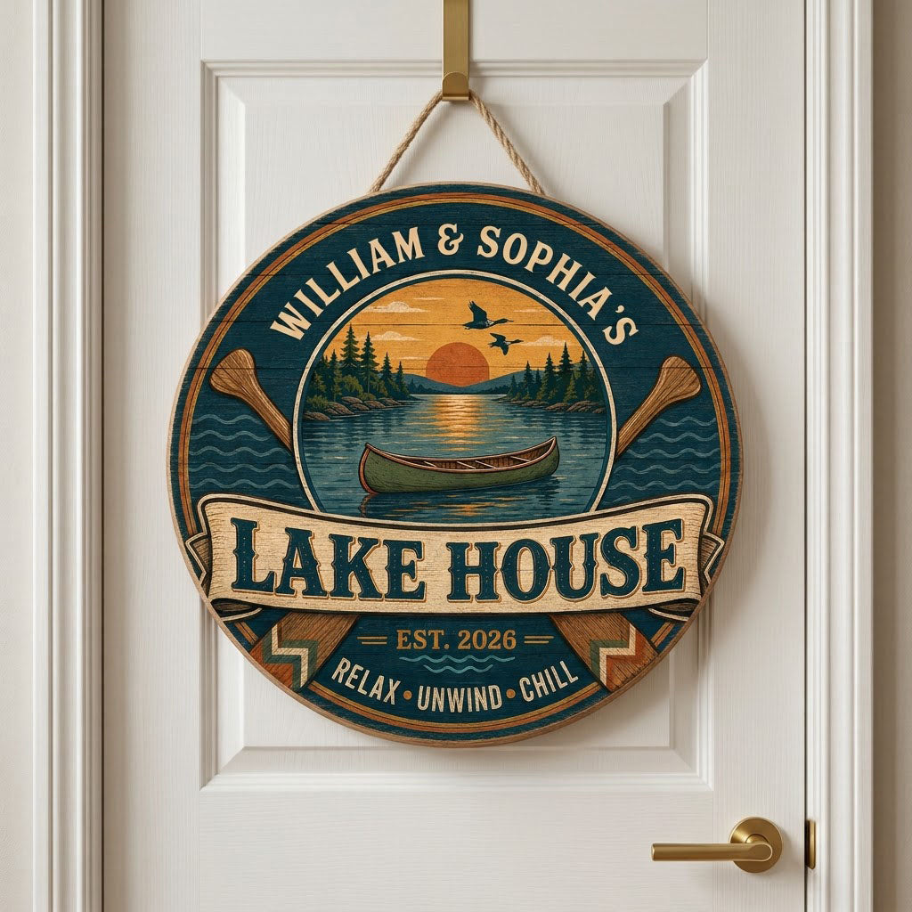 Personalized Lake House Canoe Sunset Round Wooden Hanging Sign