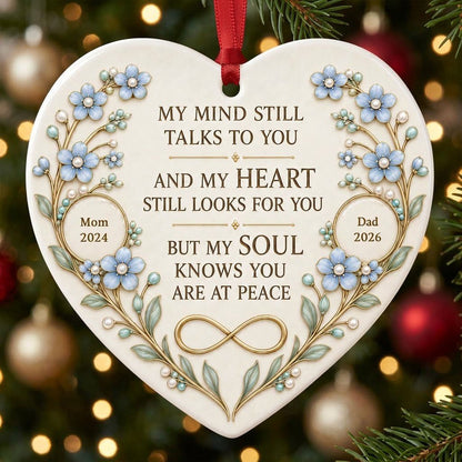 Heart ceramic ornament with light blue forget-me-not flowers, gold vines, and a gold infinity symbol memorial design.