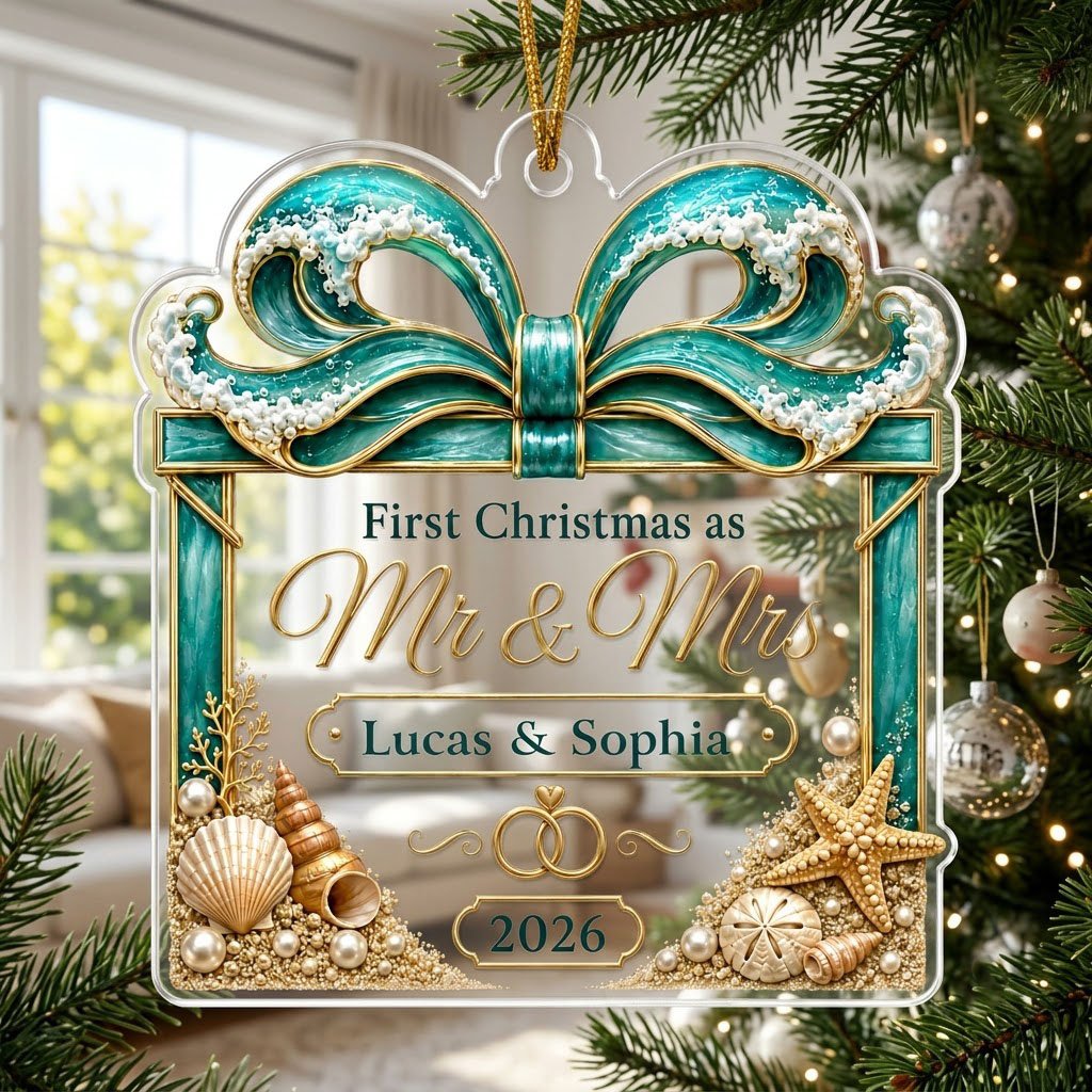 Personalized Beach Ocean Wave Gift Box First Christmas as Mr & Mrs Acrylic Ornament, Custom Destination Wedding Keepsake