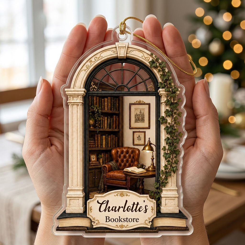 Personalized Library Reading Nook Acrylic Ornament, Custom Book Lover Christmas Keepsake
