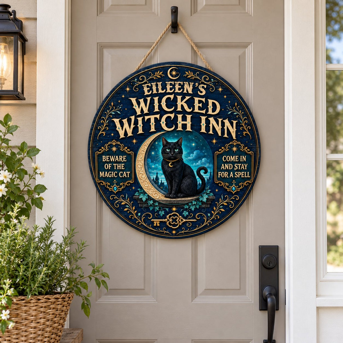 Personalized Wicked Witch Inn Wood Sign, Custom Name Halloween Black Cat Crescent Moon Wall Hanging Decor