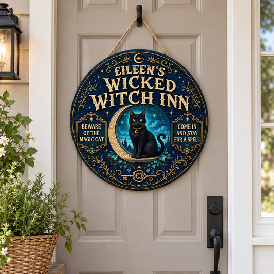 Personalized Wicked Witch Inn Wood Sign, Custom Name Halloween Black Cat Crescent Moon Wall Hanging Decor