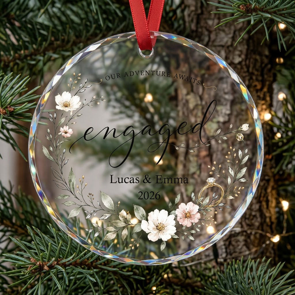 Personalized Our Adventure Awaits Floral Wreath Engaged Round Glass Ornament