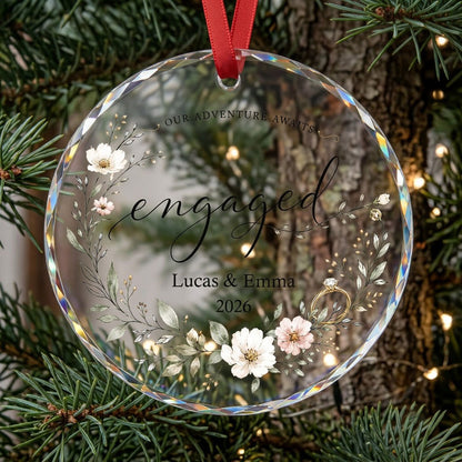 Personalized Our Adventure Awaits Floral Wreath Engaged Round Glass Ornament