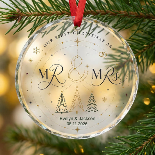 Personalized Our First Christmas as Mr & Mrs Celestial Trees Round Glass Ornament