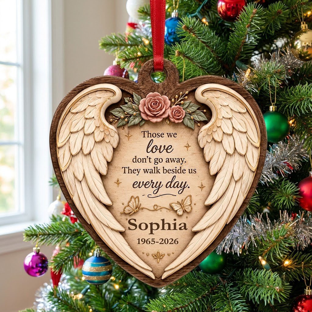 Heart-shaped wood ornament with angel wings, pink roses, butterflies, and a memorial quote with name and dates.