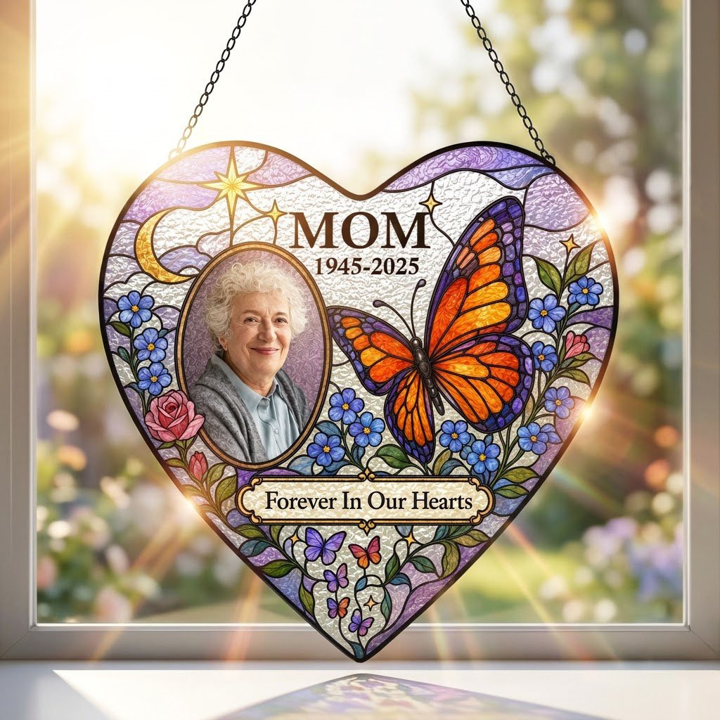 Heart suncatcher with photo oval, Forever In Our Hearts text, butterfly, moon, roses and forget-me-nots.