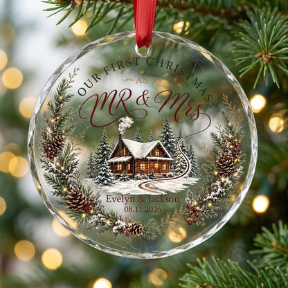 Personalized Our First Christmas as Mr & Mrs Winter Cabin Wreath Round Glass Ornament