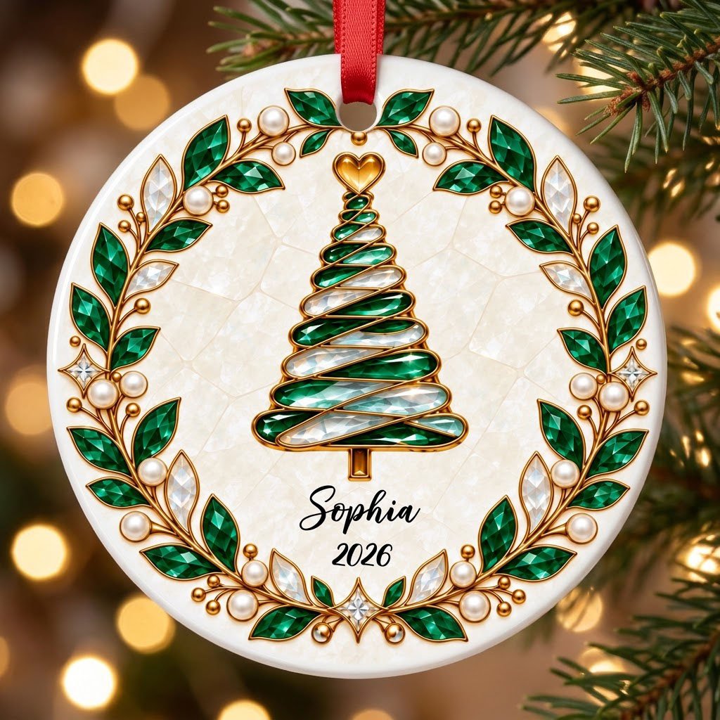 Round ceramic ornament with an emerald jeweled spiral Christmas tree and gold filigree wreath on cream.
