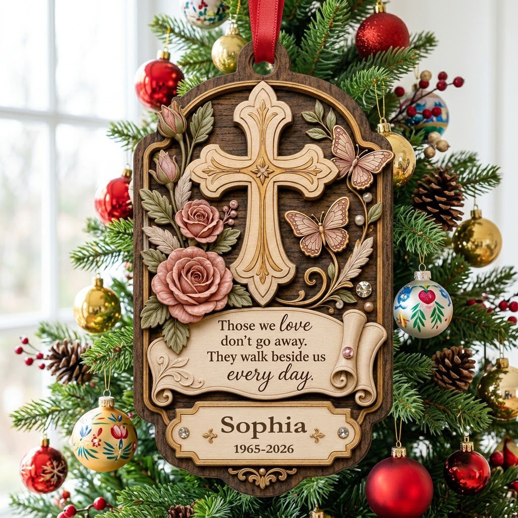 Ornate arch wood ornament with carved cross, roses, butterflies and memorial quote with name and dates.
