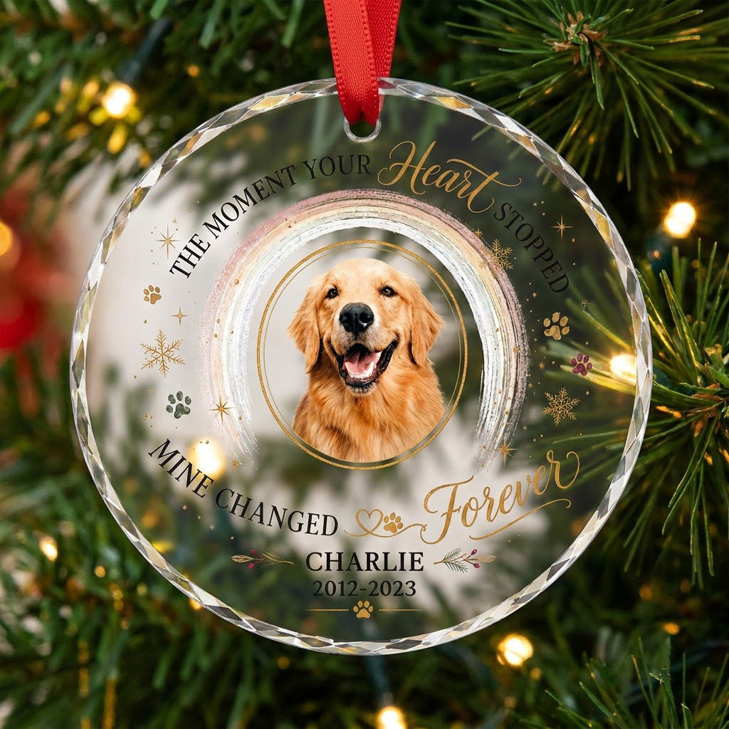 Personalized Dog Memorial Photo The Moment Your Heart Stopped Round Glass Ornament