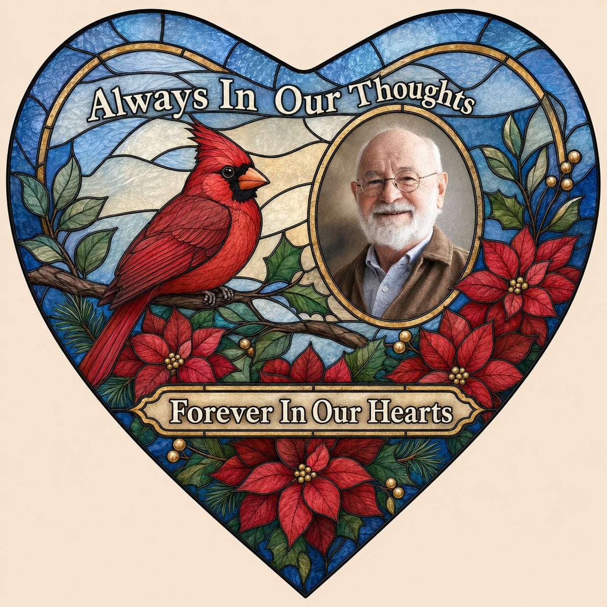 Heart stained glass suncatcher with red cardinal, oval memorial photo frame, and red poinsettias with green leaves.