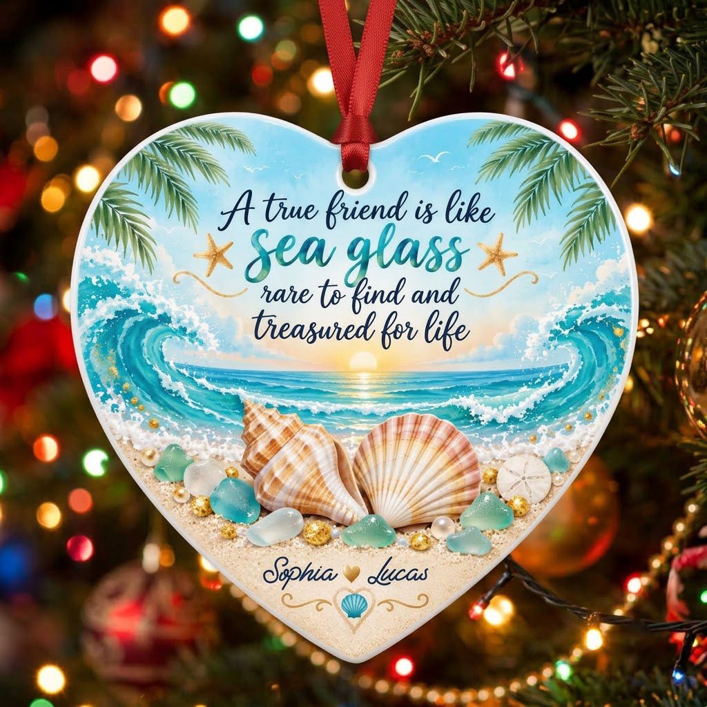 Heart ceramic ornament with beach sunset, palm trees, shells, sea glass, starfish, and a friendship quote.