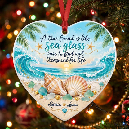 Heart ceramic ornament with beach sunset, palm trees, shells, sea glass, starfish, and a friendship quote.