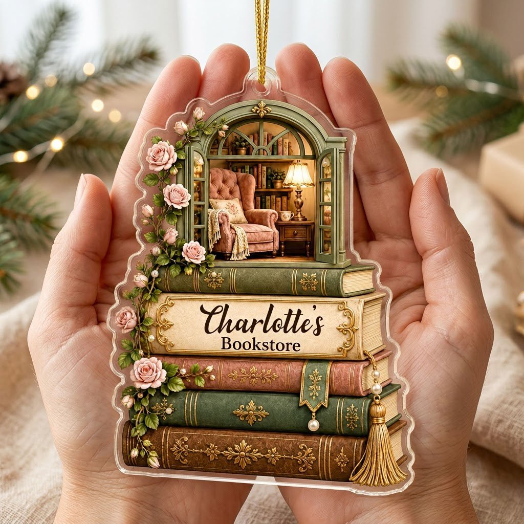 Personalized Stack of Books Reading Nook Acrylic Ornament, Custom Book Lover Keepsake