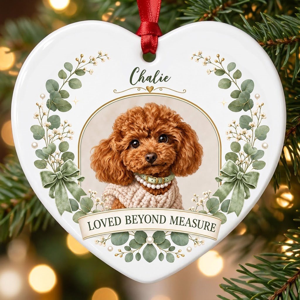 Heart ceramic ornament with dog photo in gold frame, eucalyptus wreath, green bows and 'LOVED BEYOND MEASURE' text