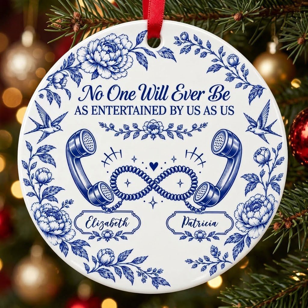Blue toile round ornament with crown, swallows, vintage phones in an infinity and two name banners
