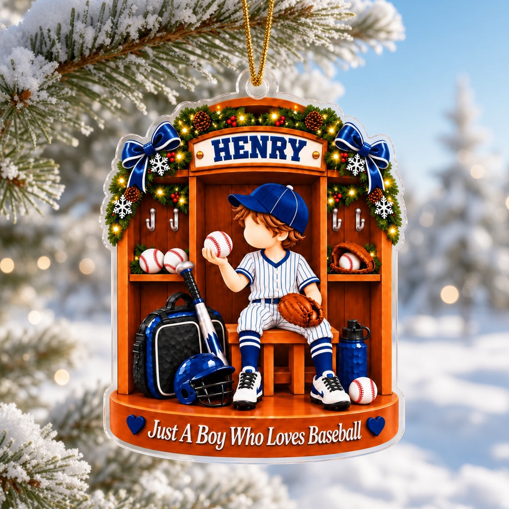 Custom acrylic ornament of a boy in a baseball locker with garland and snowflakes, personalized with his name.