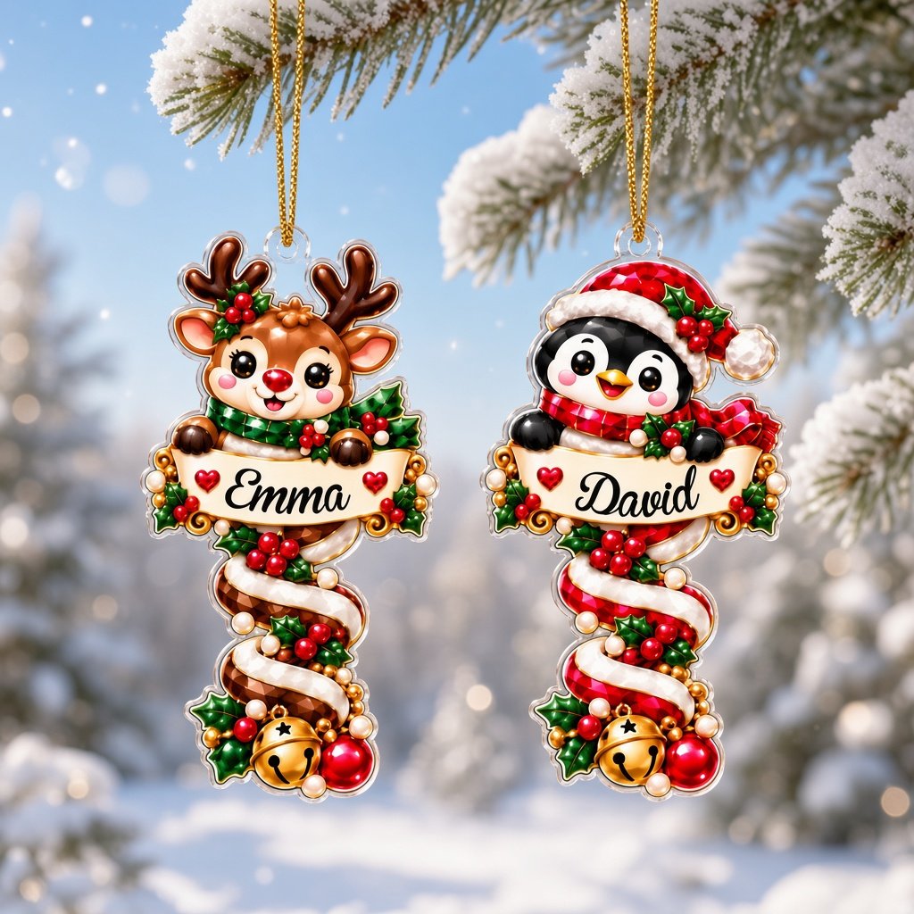 Custom-cut acrylic ornament with Santa or penguin holding a name banner on a red-and-white candy cane.