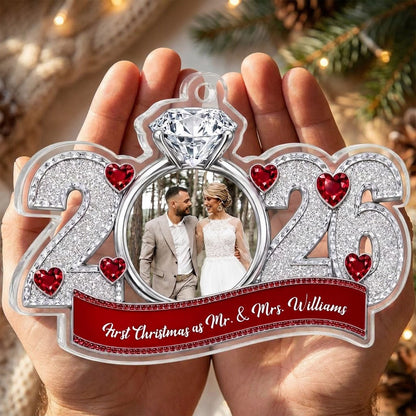 Acrylic ornament shaped like 2025 with a diamond-topped ring photo frame, red heart jewels and a red name banner