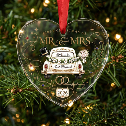 Personalized First Christmas as Mr & Mrs Vintage Just Married Car Heart Glass Ornament