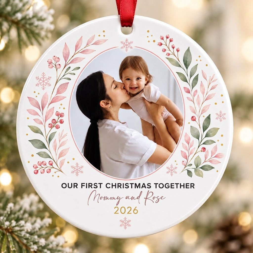 Round ceramic ornament with a photo frame, pink-green botanical wreath, and 'OUR FIRST CHRISTMAS TOGETHER' text.