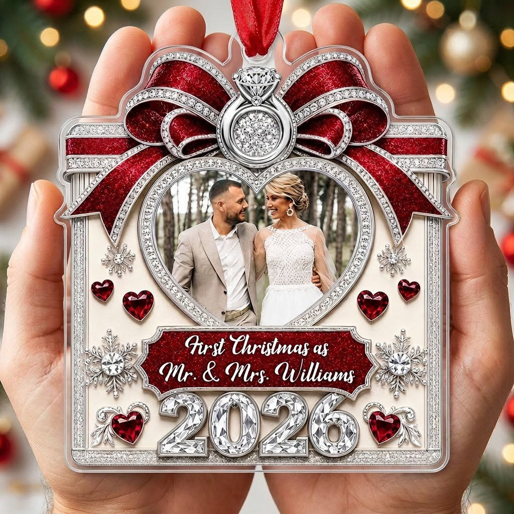 Acrylic ornament with red glitter bow, engagement ring, heart photo frame, snowflakes, and Mr. & Mrs. name and year.