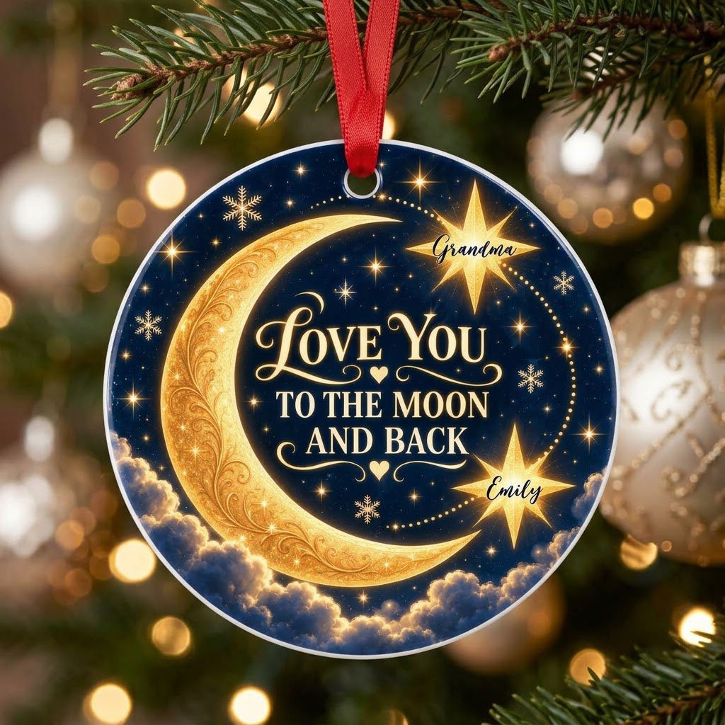 Round ceramic ornament with golden crescent moon, navy sky, stars, and 'LOVE YOU TO THE MOON AND BACK'.