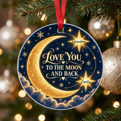 Round ceramic ornament with golden crescent moon, navy sky, stars, and 'LOVE YOU TO THE MOON AND BACK'.