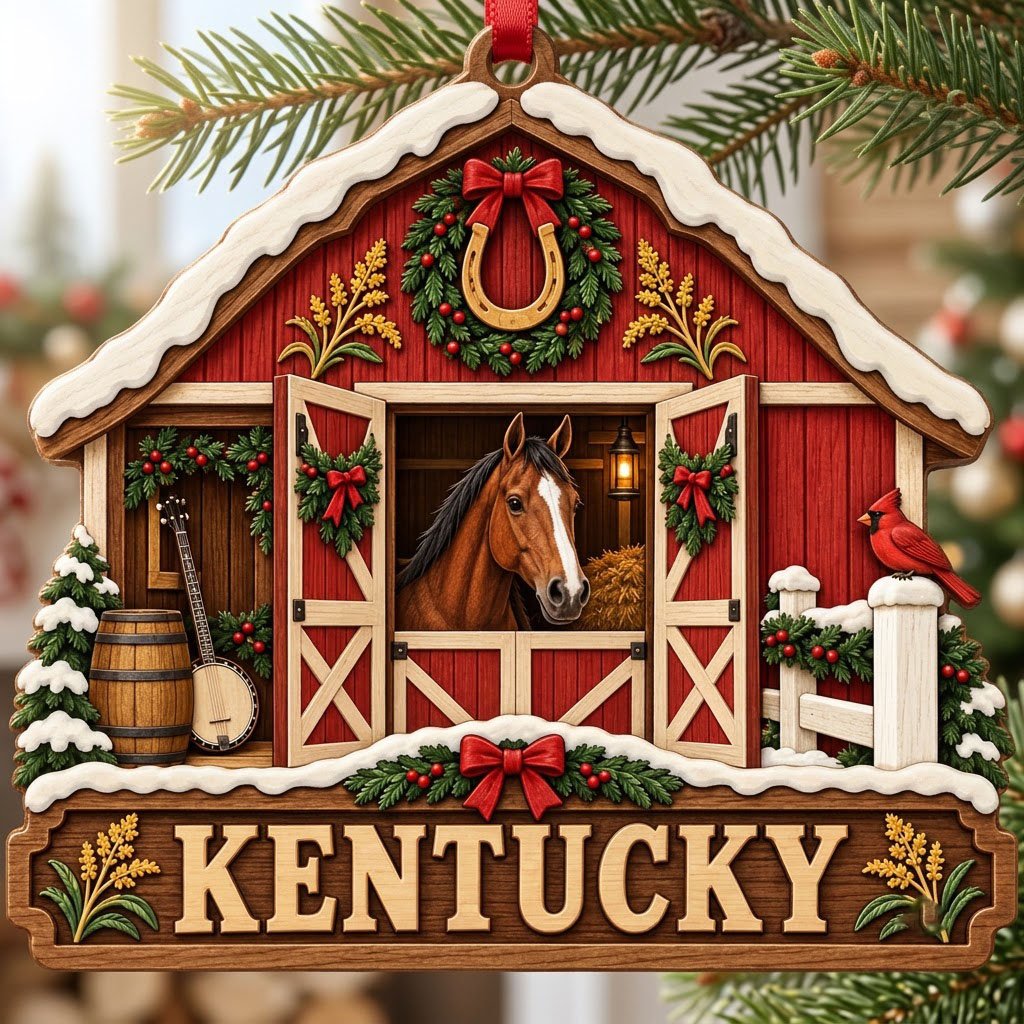 Snow-topped red barn ornament with brown horse, horseshoe wreath, wheat, and “KENTUCKY” text on a barn silhouette.