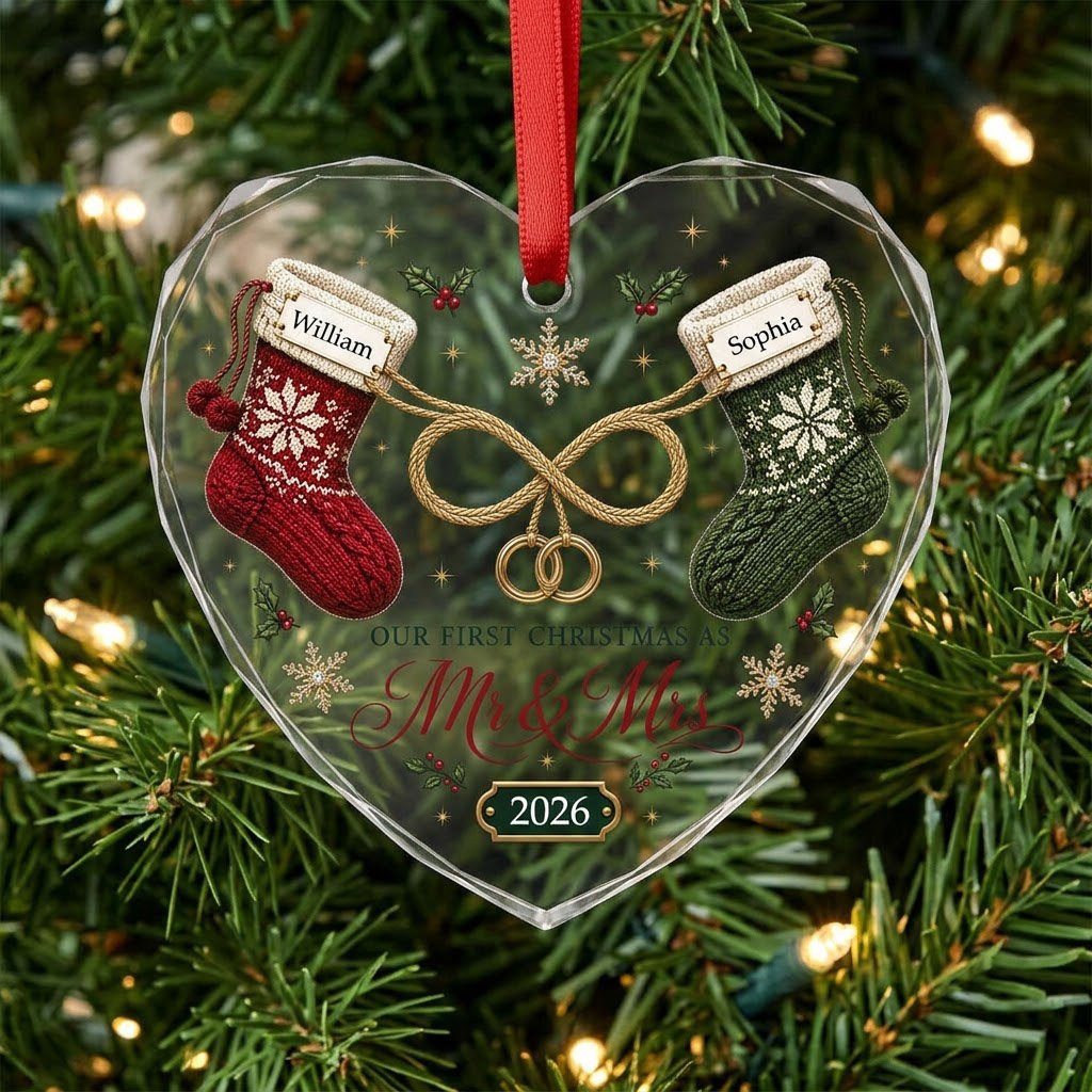 Heart glass ornament with red and green knit stockings, gold infinity loop with rings, Mr & Mrs text, names and date.