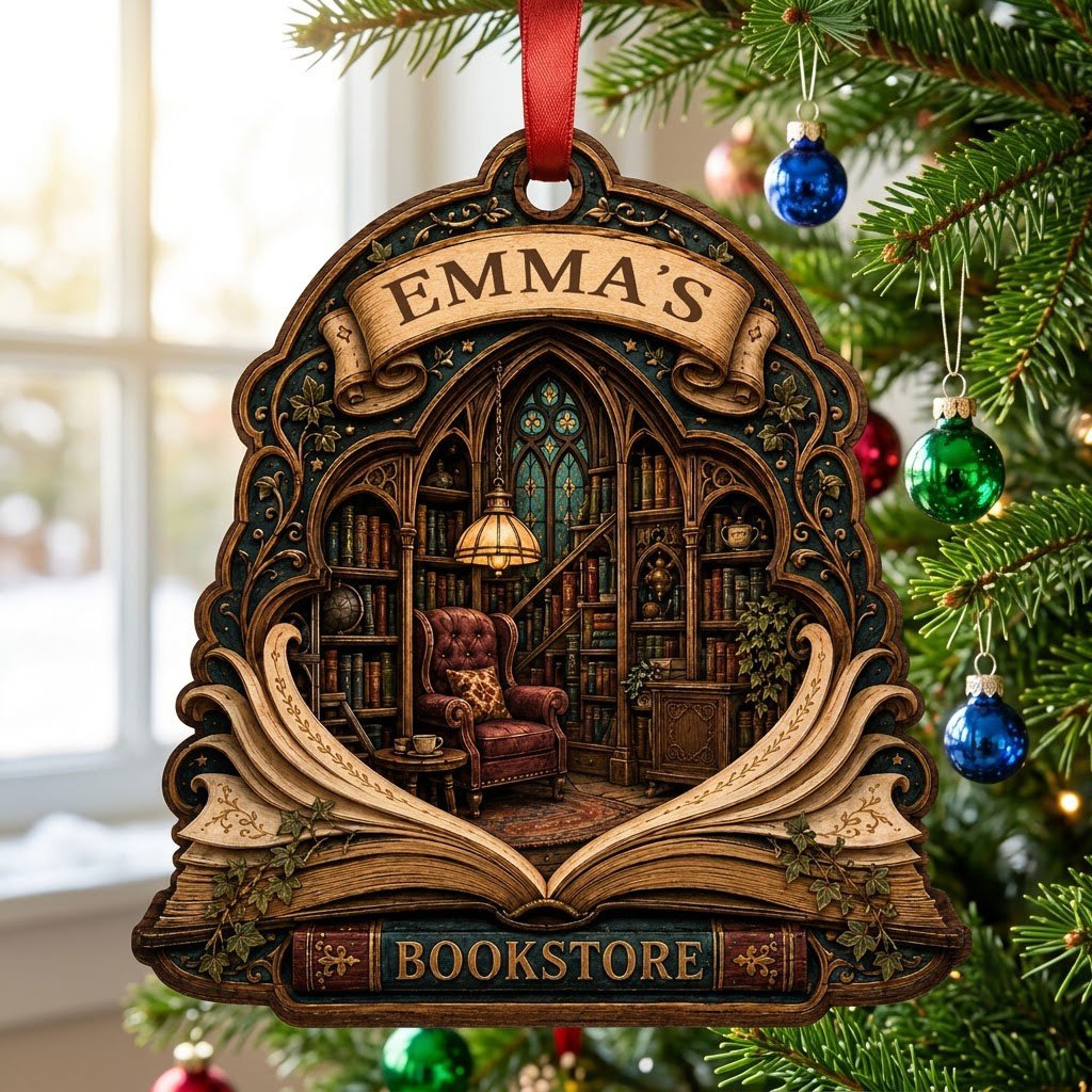 Arched wood ornament with an open-book frame, vintage library scene, ivy accents, and BOOKSTORE text with a personalized