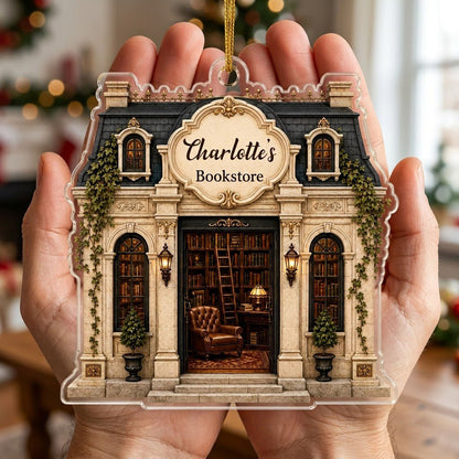 Personalized French Parisian Bookstore Acrylic Ornament, Custom Book Lover Keepsake
