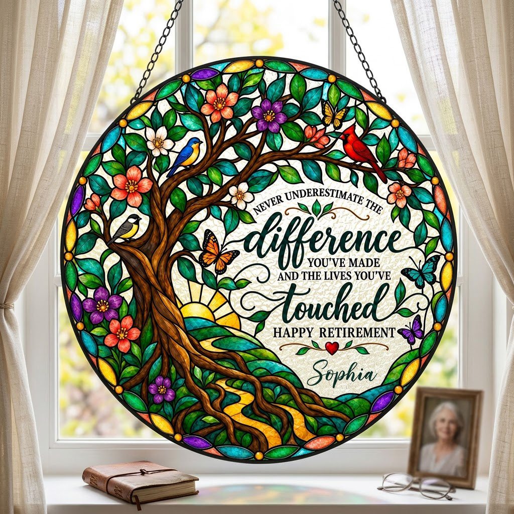 Personalized Retirement Tree of Life Songbirds Never Underestimate The Difference Happy Retirement Stained Glass Round Suncatcher