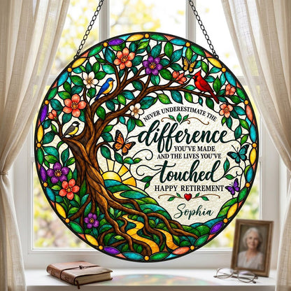 Personalized Retirement Tree of Life Songbirds Never Underestimate The Difference Happy Retirement Stained Glass Round Suncatcher