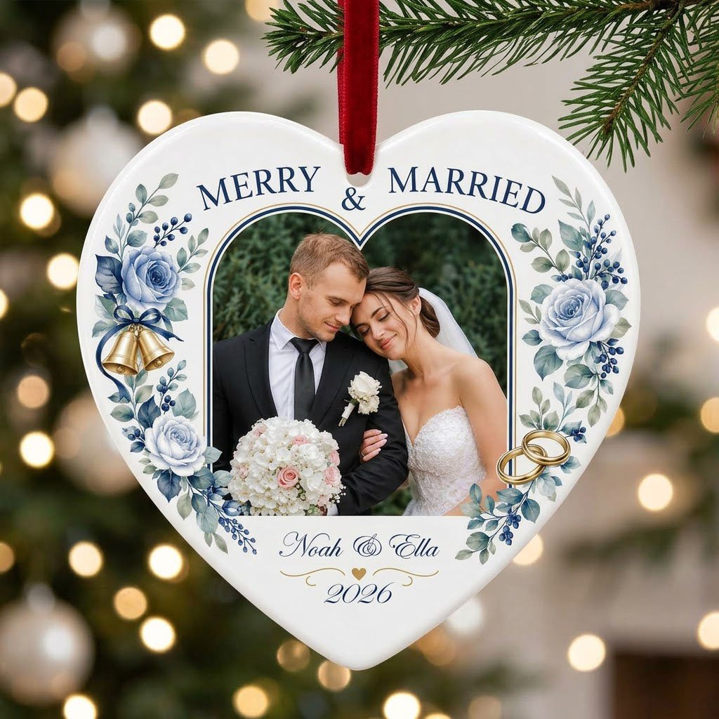 Heart ceramic ornament with “MERRY & MARRIED,” dusty blue florals, wedding bells, rings, and a heart-shaped photo frame.