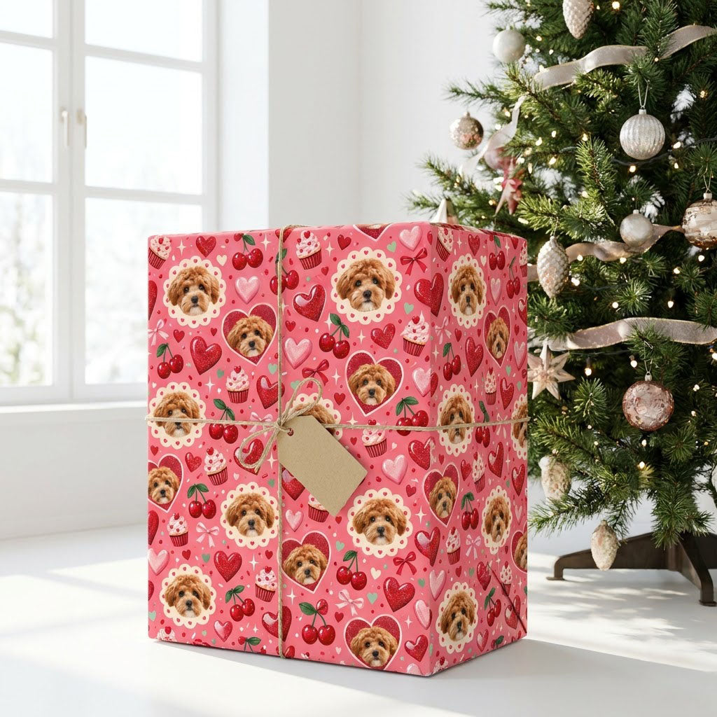 Pink gift wrap with light brown puppy faces, hearts, cherries, cupcakes, bows and sparkles in a repeating pattern
