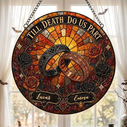 Personalized Gothic Wedding Rings Till Death Do Us Part Stained Glass Round Suncatcher