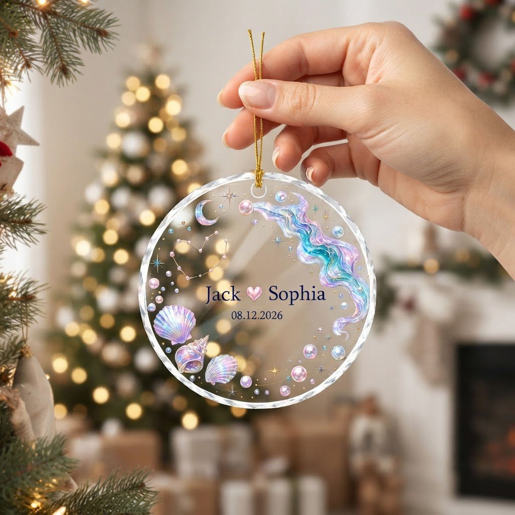 Round glass ornament with iridescent seashells, pearls, crescent moon, and a heart constellation with names and date.