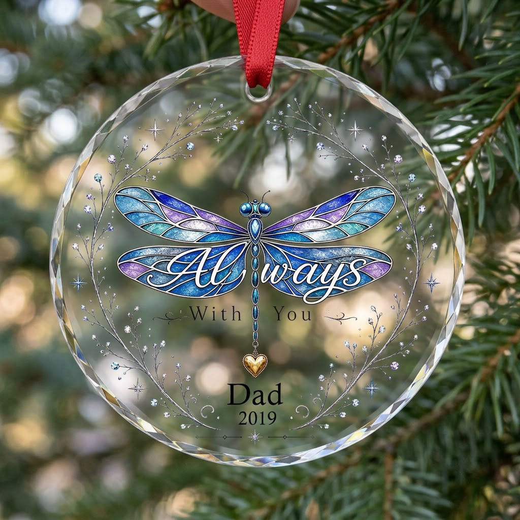 Personalized Dragonfly Memorial Always With You Heart Charm Round Glass Ornament