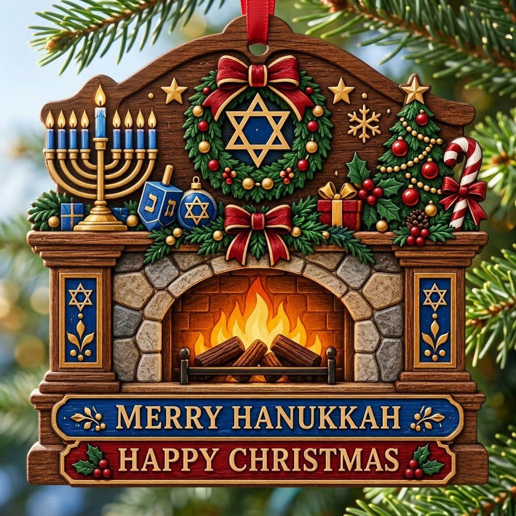 Wood ornament shaped like a fireplace mantel with a menorah, dreidel, wreath, and the words MERRY HANUKKAH and HAPPY CHR