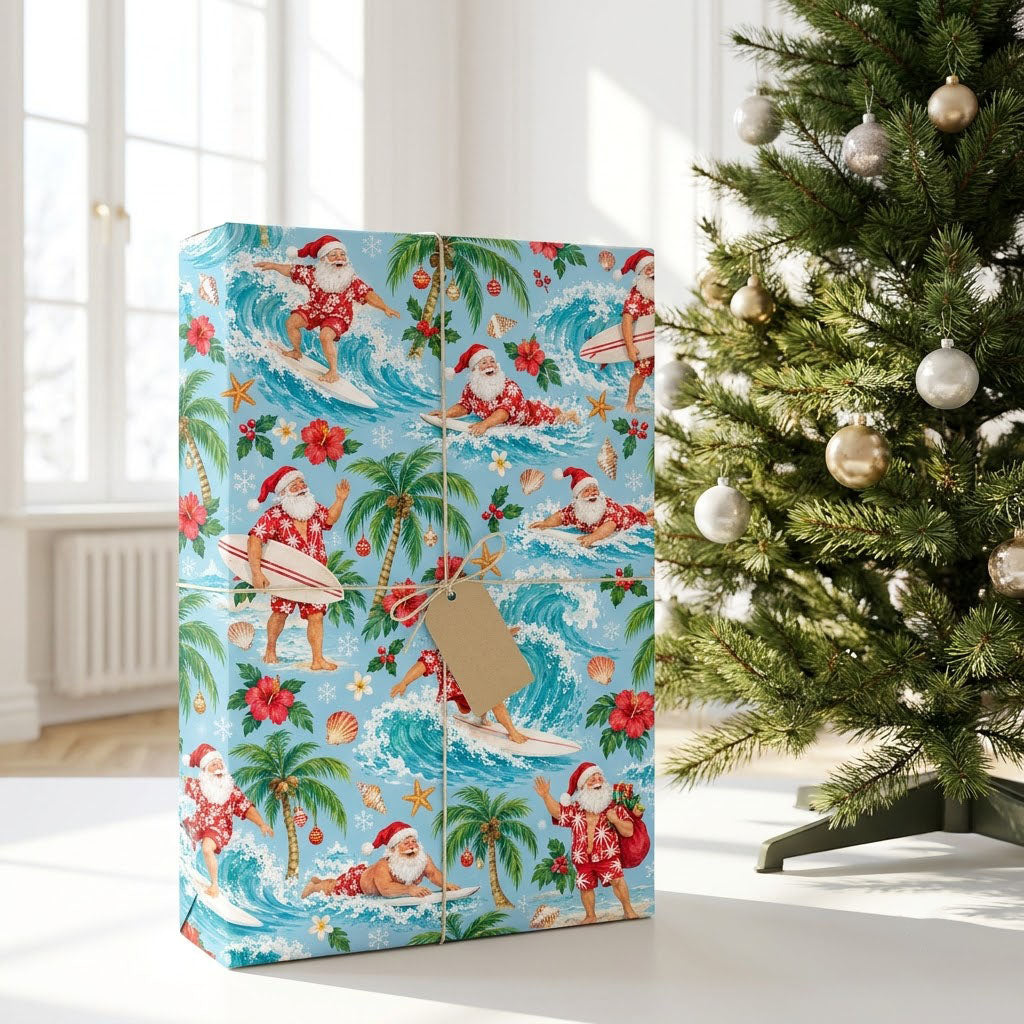 Surfing Santa with palm trees, hibiscus, starfish and seashells on light blue tropical wrapping paper.