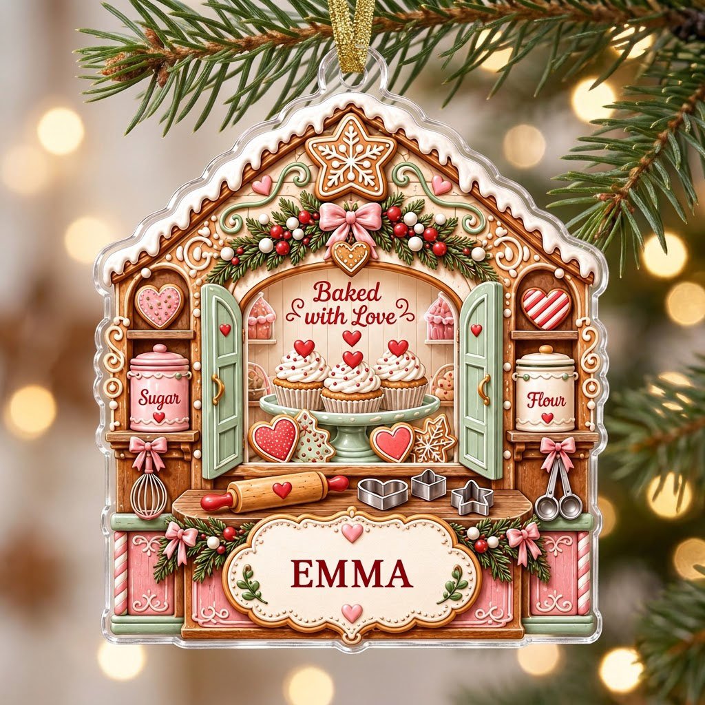 Custom-cut acrylic ornament shaped like a gingerbread house with baking tools, cupcakes, and a name banner.