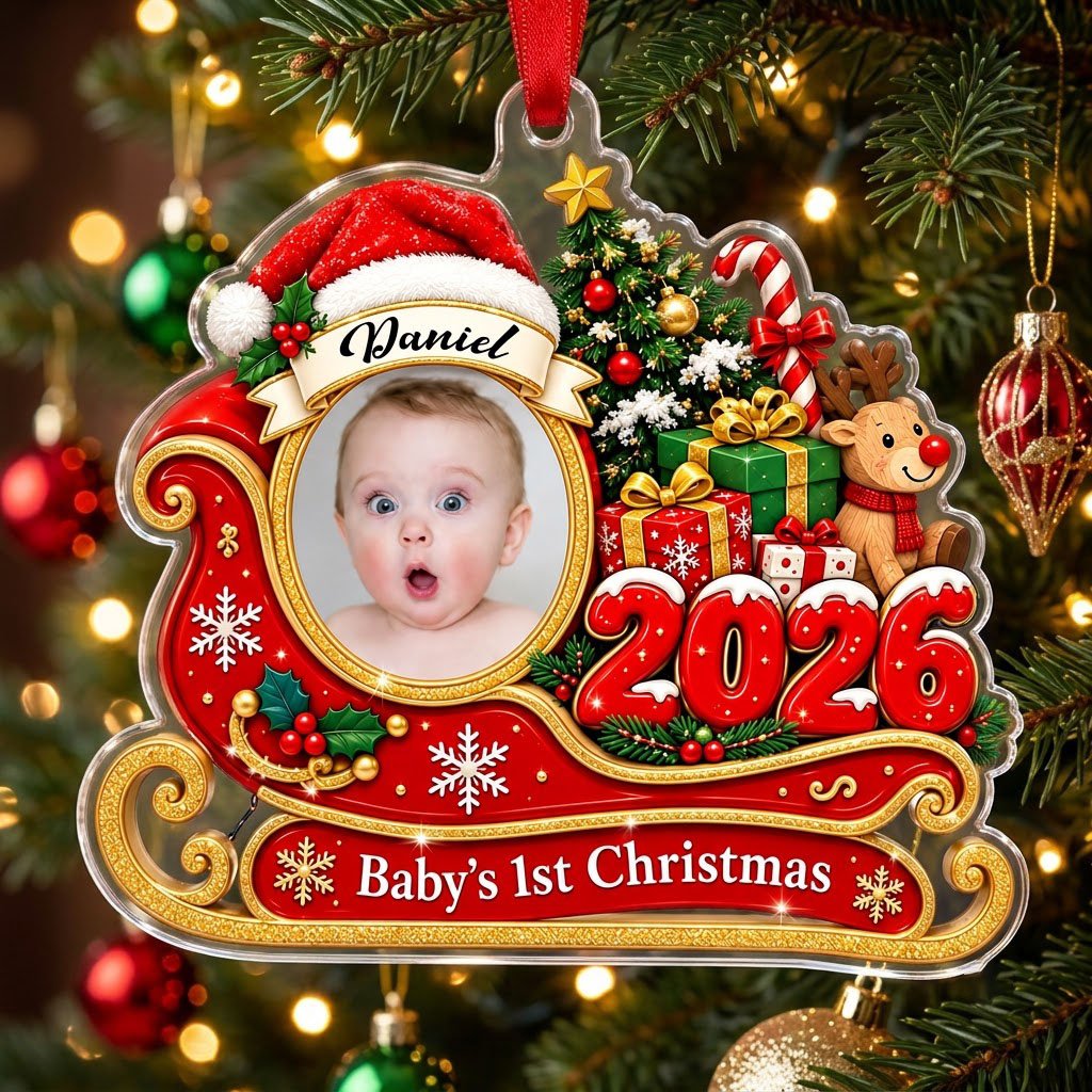 Custom-cut acrylic ornament shaped like a sleigh, reindeer and tree with a photo frame and Baby's 1st Christma text.