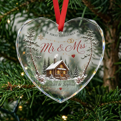 Personalized Our First Christmas as Mr & Mrs Winter Cabin Heart Glass Ornament