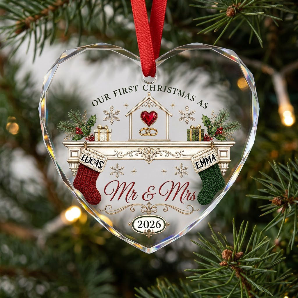 Personalized Our First Christmas as Mr & Mrs Fireplace Stockings Heart Glass Ornament