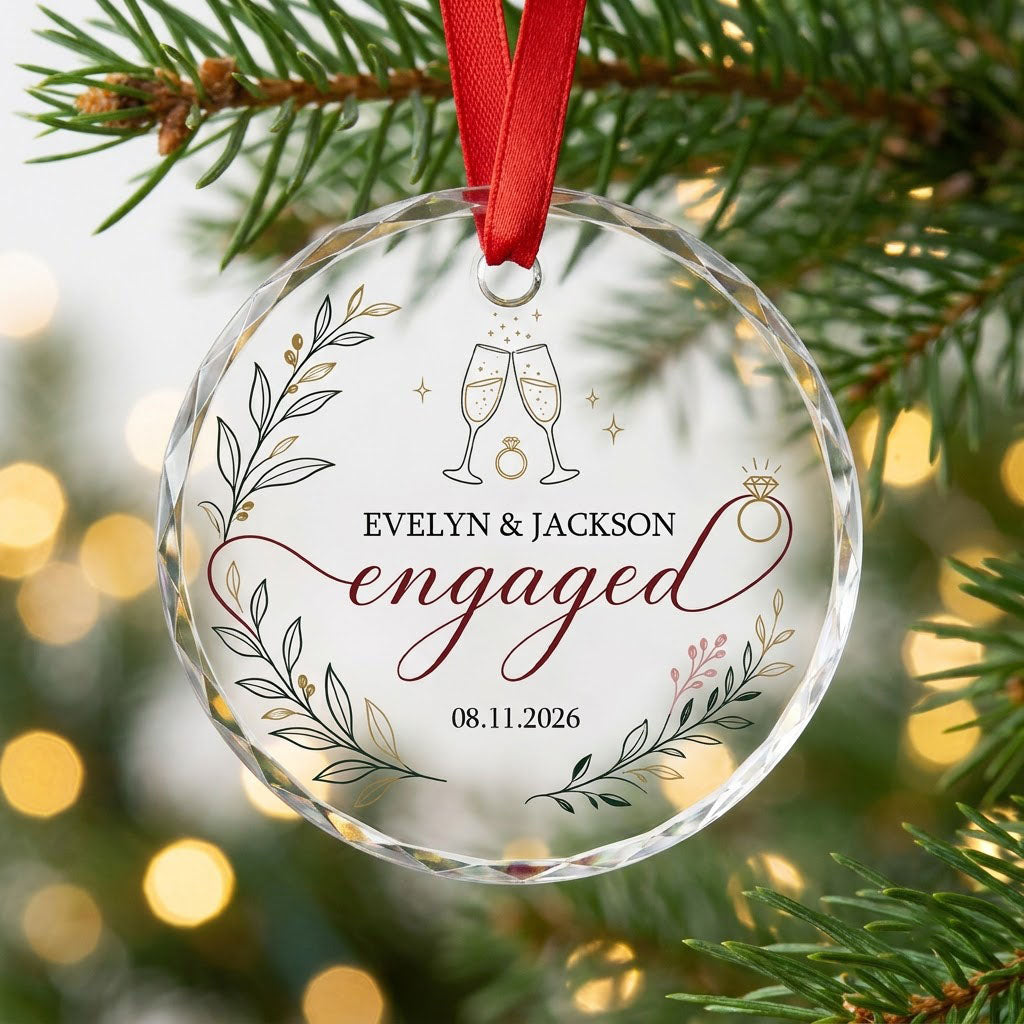 Round glass ornament with clinking champagne flutes, sparkles, ring and botanical foliage with burgundy ribbon and the w