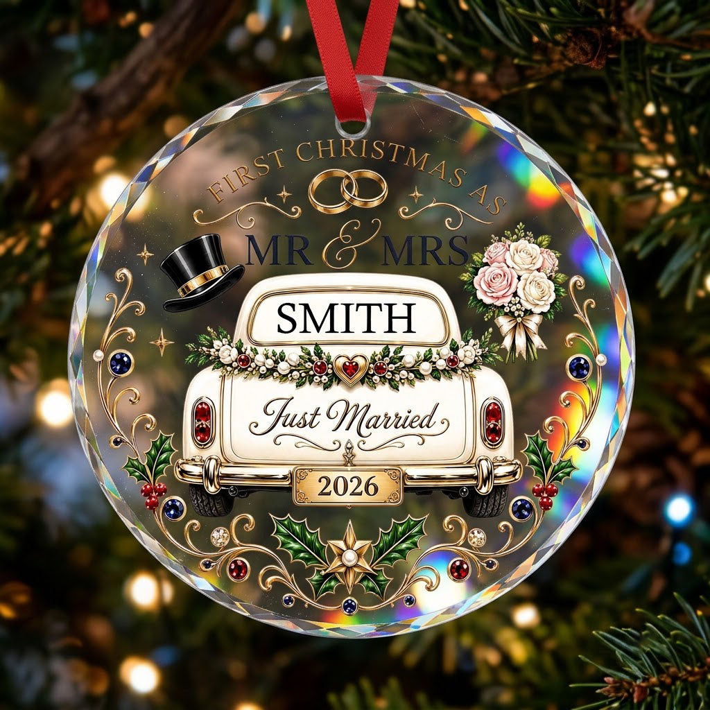 Personalized First Christmas as Mr & Mrs Vintage Getaway Car Round Glass Ornament