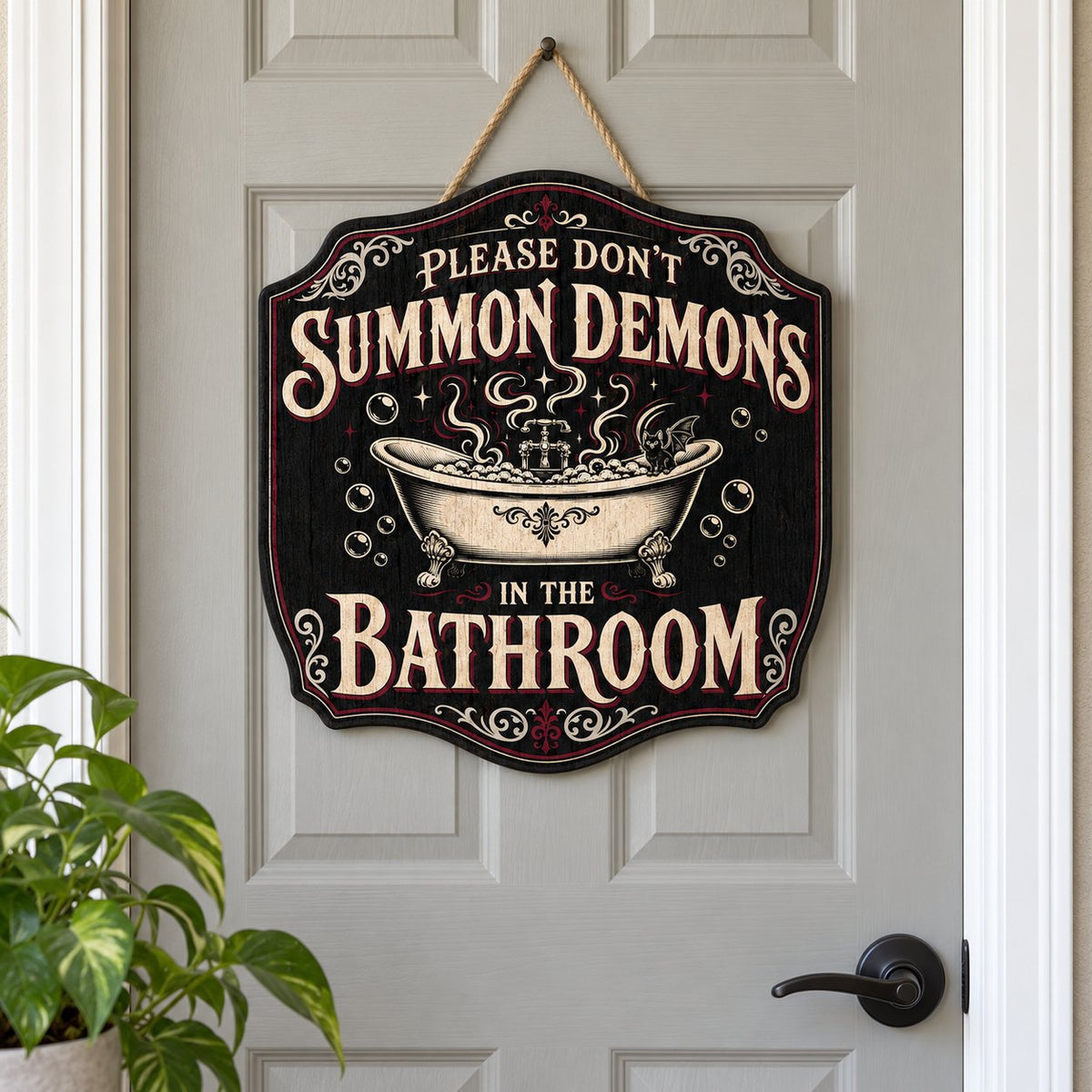 Ornate plaque with tub, bat-winged black cat, bubbles, stars, and 'Please Don't Summon Demons in the Bathroom'.