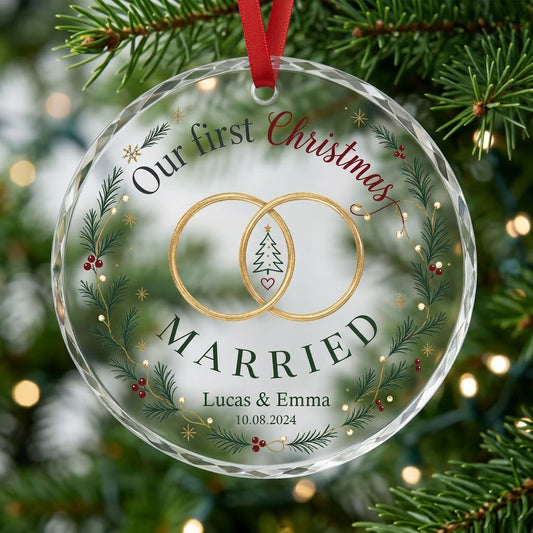 Personalized Our First Christmas Married Wedding Rings Wreath Round Glass Ornament